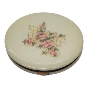 Vintage Large Lucite Powder Compact Pink Roses Floral Vanity Mirror 3" Round